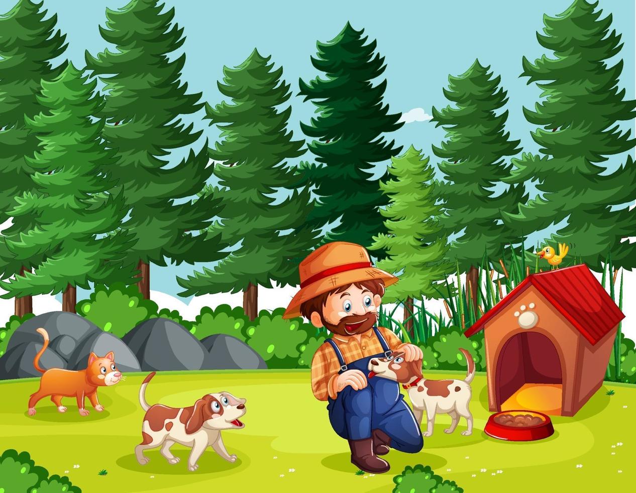 granjero con granja de animales en la escena de la granja en estilo de dibujos animados vector