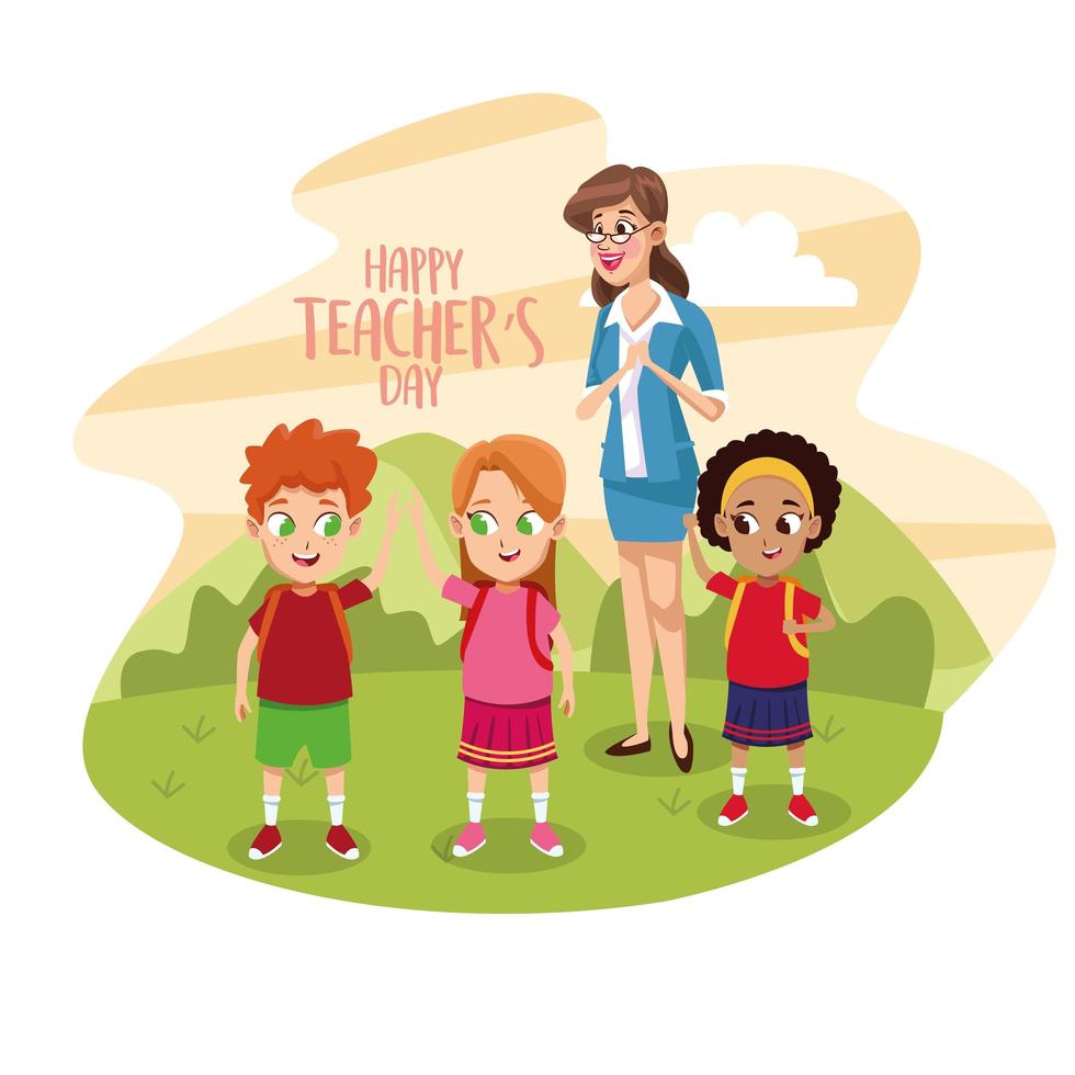 happy teachers day card with teacher and students in the field vector