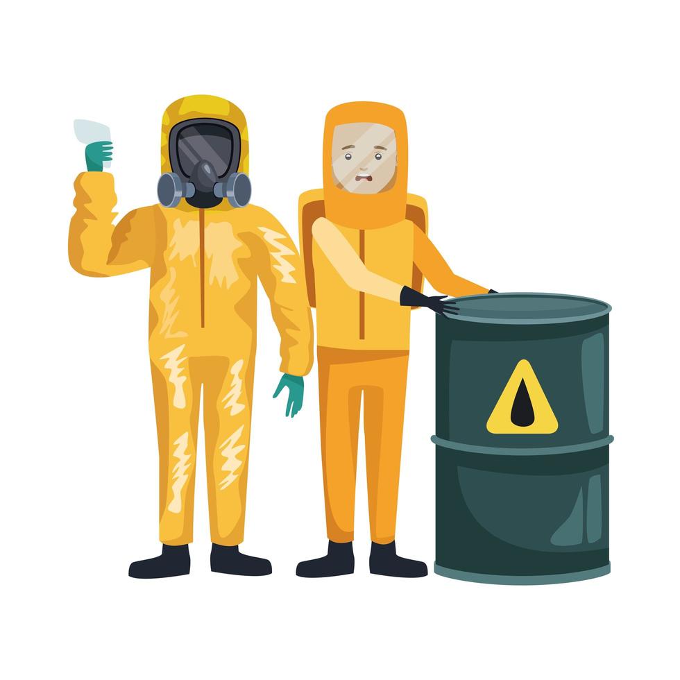 workers with biohazard suits and barrel characters vector