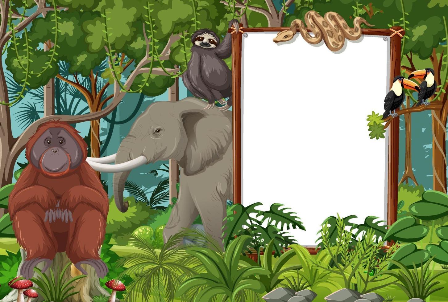 Blank banner in the rainforest scene with wild animals vector