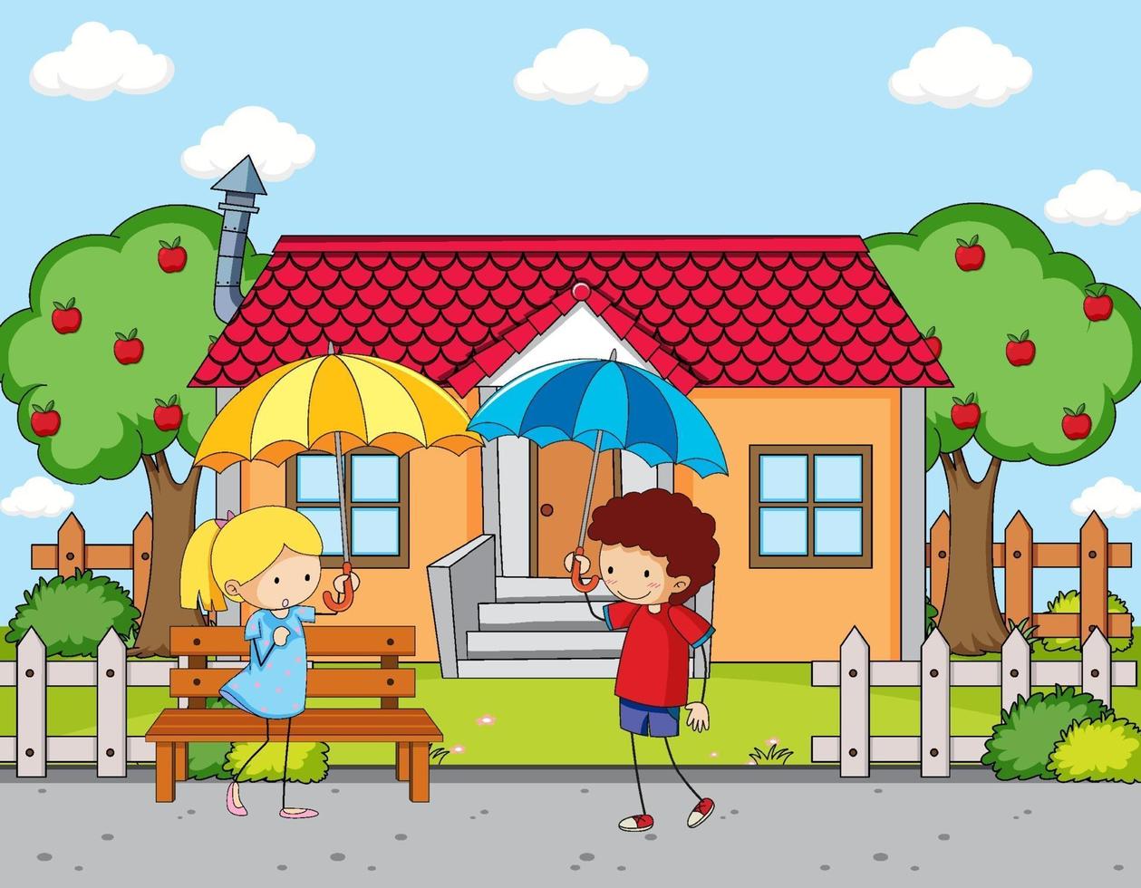 Front house scene with two kids holding umbrella vector