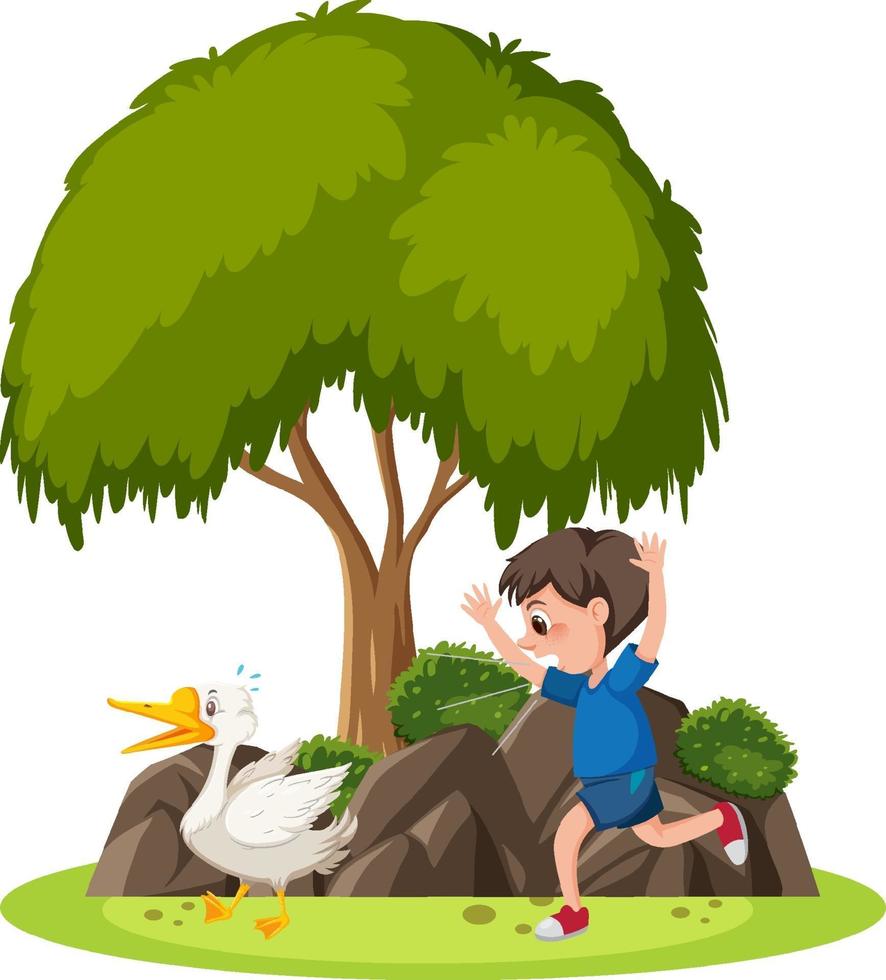 Isolated scene with a boy chasing a goose vector