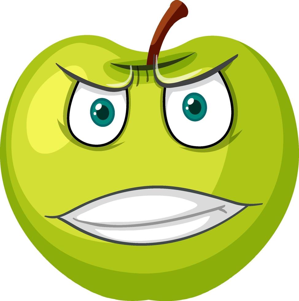 Personaje de dibujos animados de manzana verde con expresión de cara enojada sobre fondo blanco vector