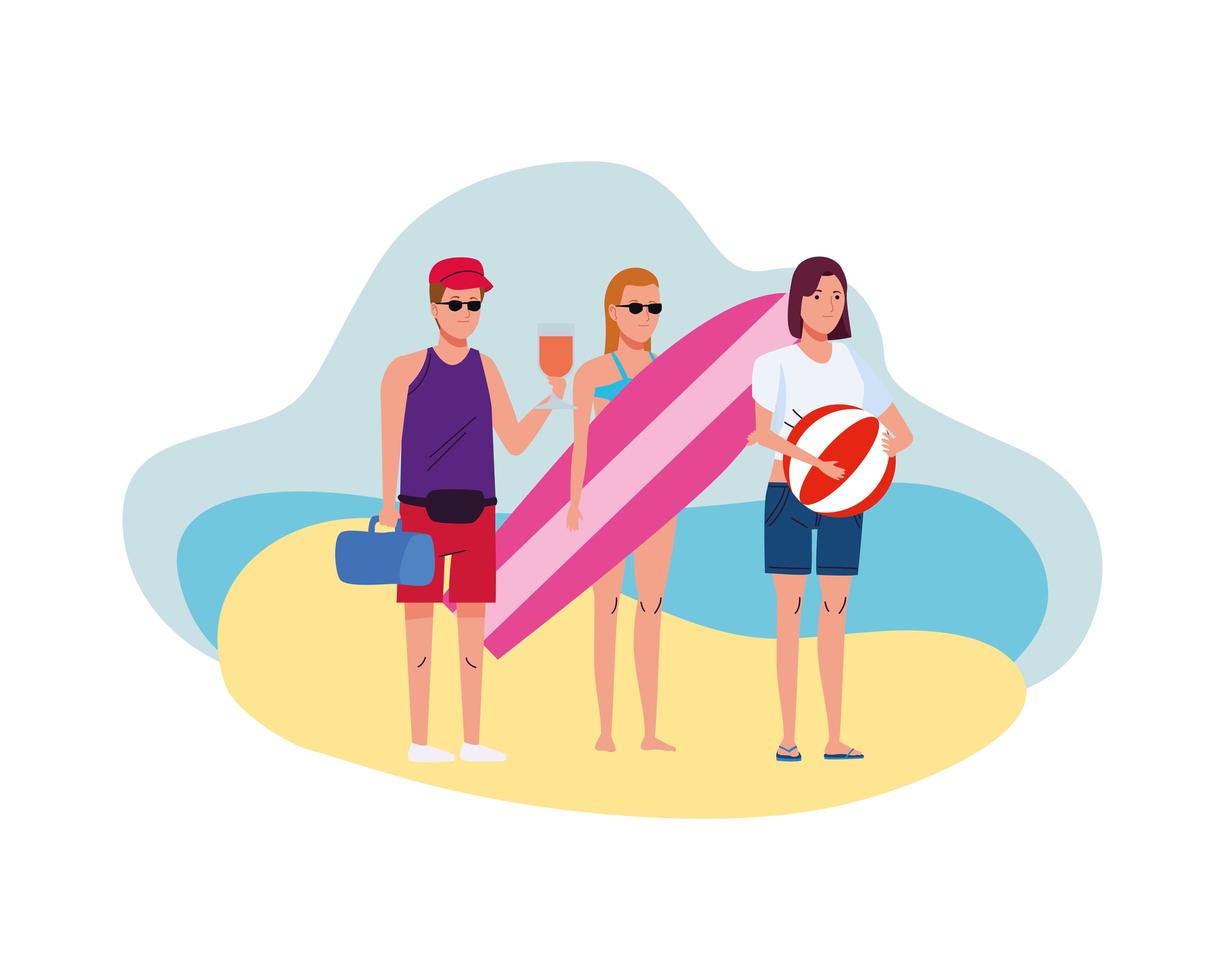 young people wearing swimsuits with surfboard and balloon characters vector