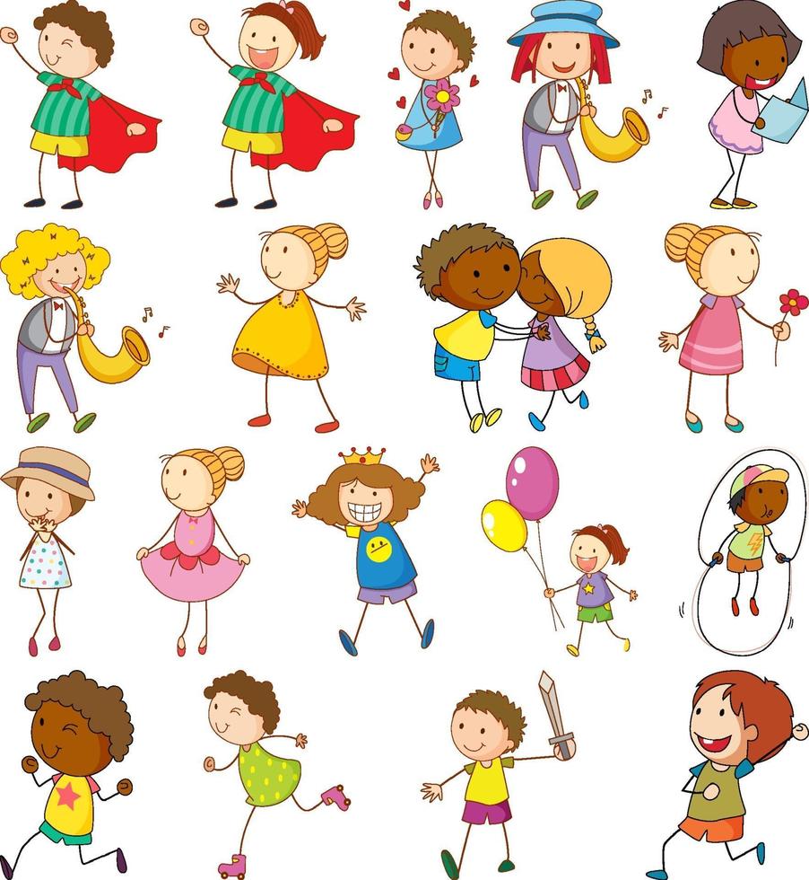 Set of different doodle kids cartoon character vector