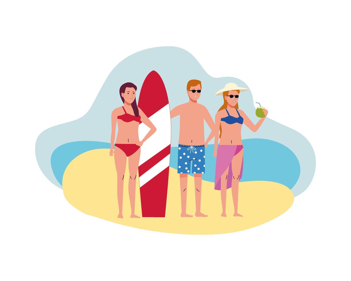 young people wearing swimsuits with surfboard and coconut characters vector