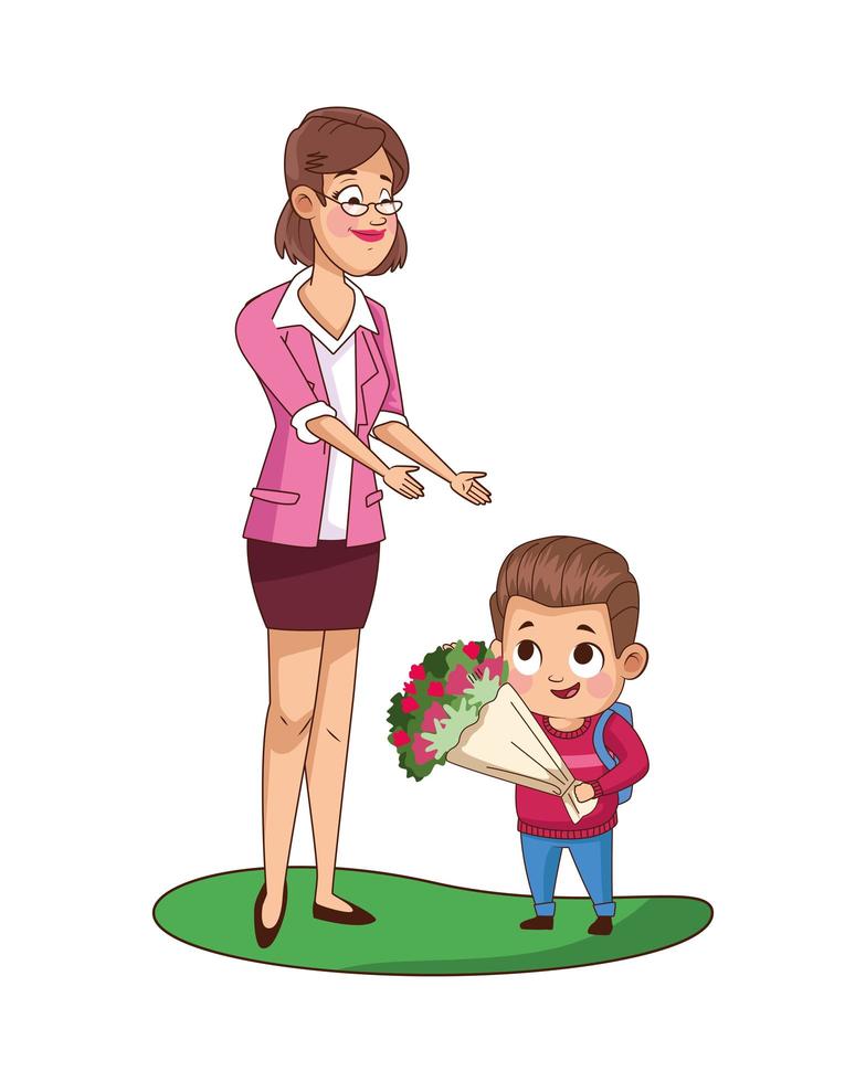 cute little boy with teacher giving flowers vector