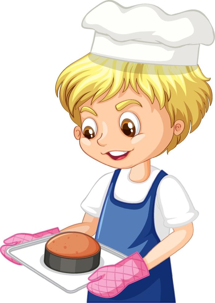 Cartoon character of a chef boy holding tray of cake vector