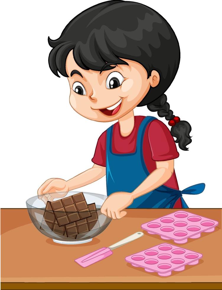 Chef girl with baking equipment on the table vector