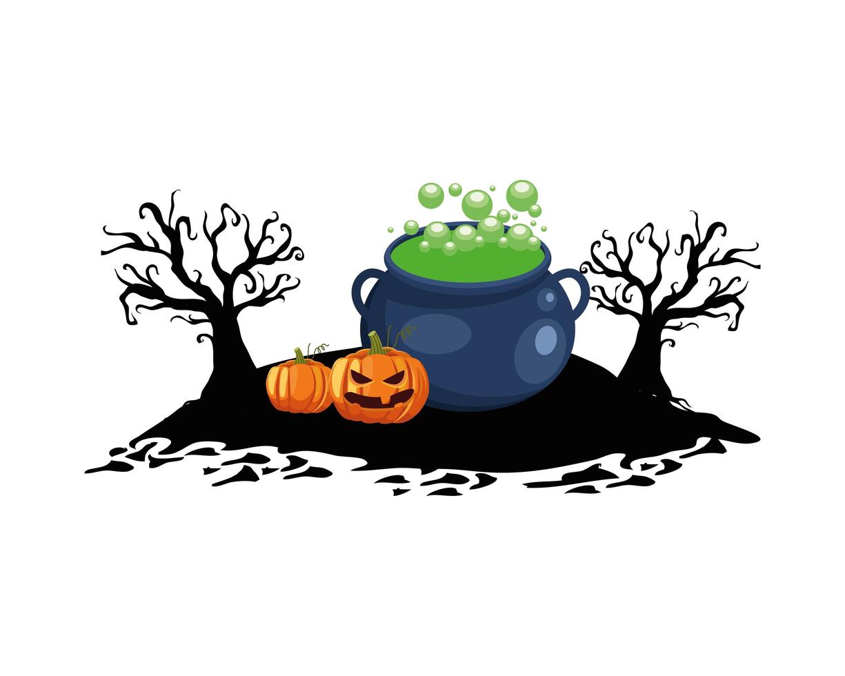 Halloween pumpkins with witch cauldron vector design