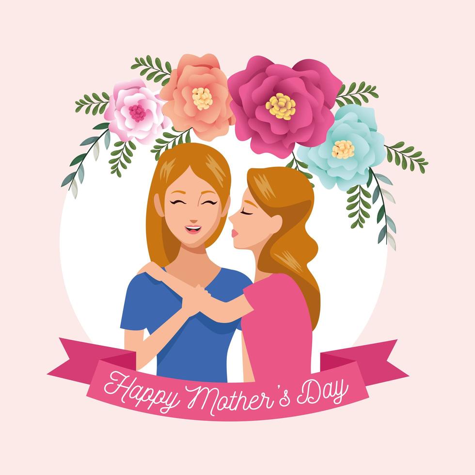 beautiful mother with daughter and floral frame mothers day card vector