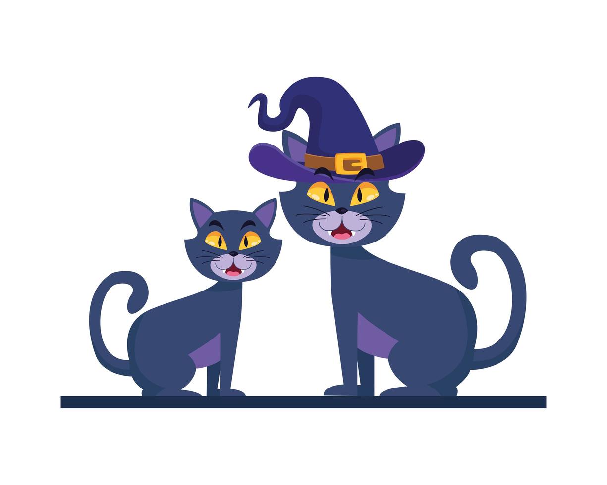 gatos de halloween con diseño de vector de sombrero de bruja