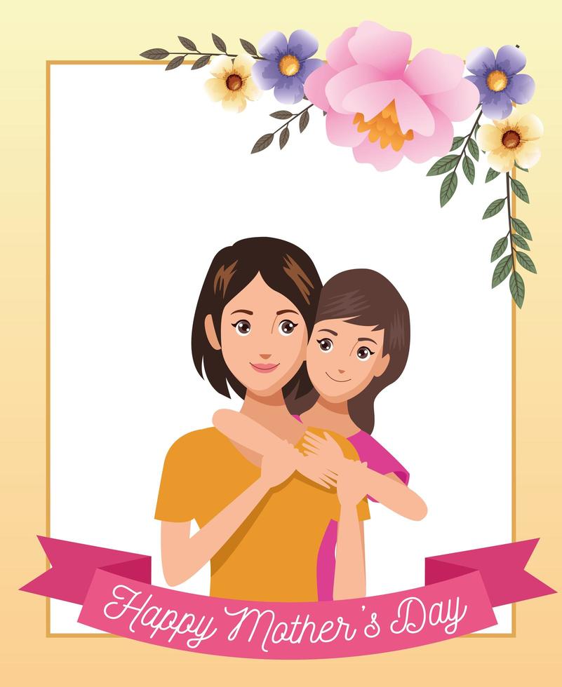 beautiful mother with daughter and floral frame mothers day card vector