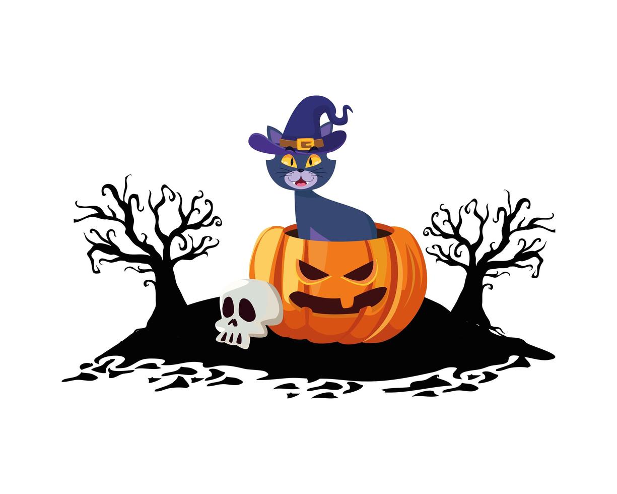 Halloween cat with hat in pumpkin cartoon vector design