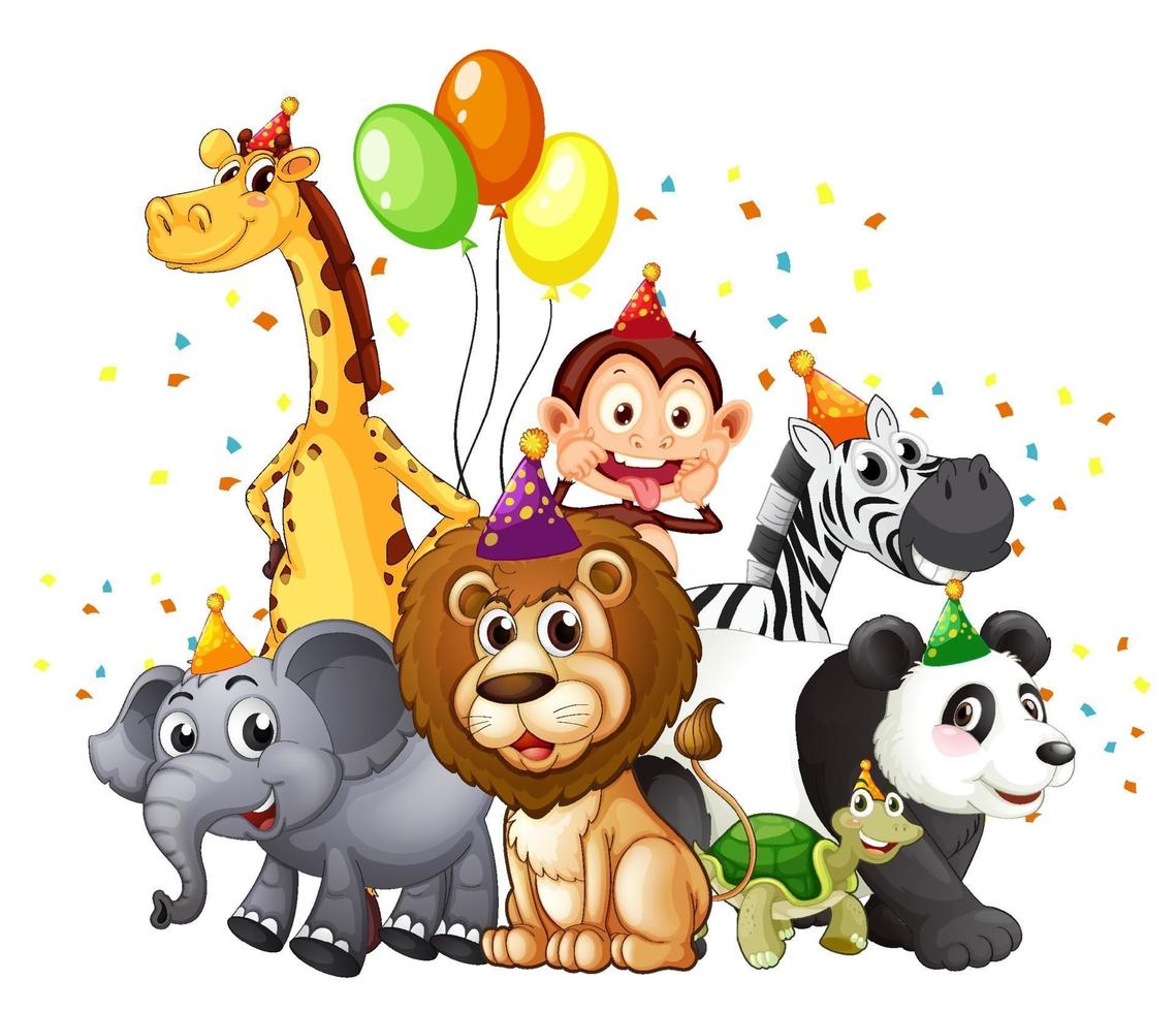 Group of wild animals with party theme isolated on white background vector