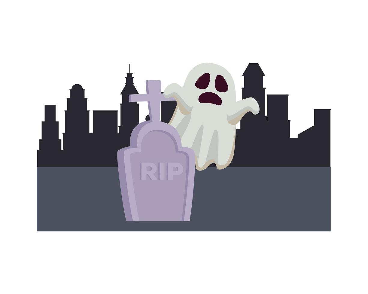 Halloween white ghost cartoon with grave in city vector design