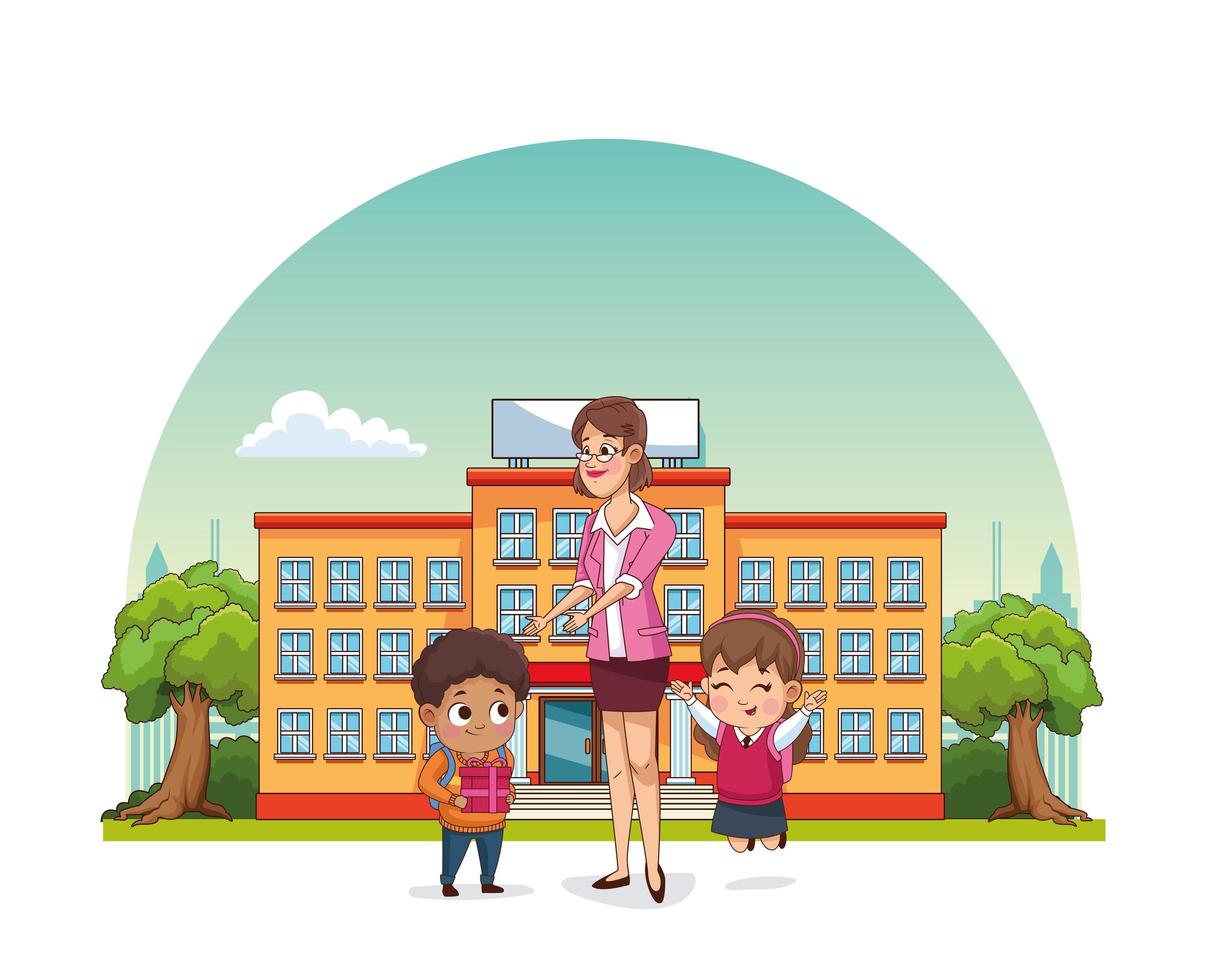 happy teachers day card with teacher and students outside school vector