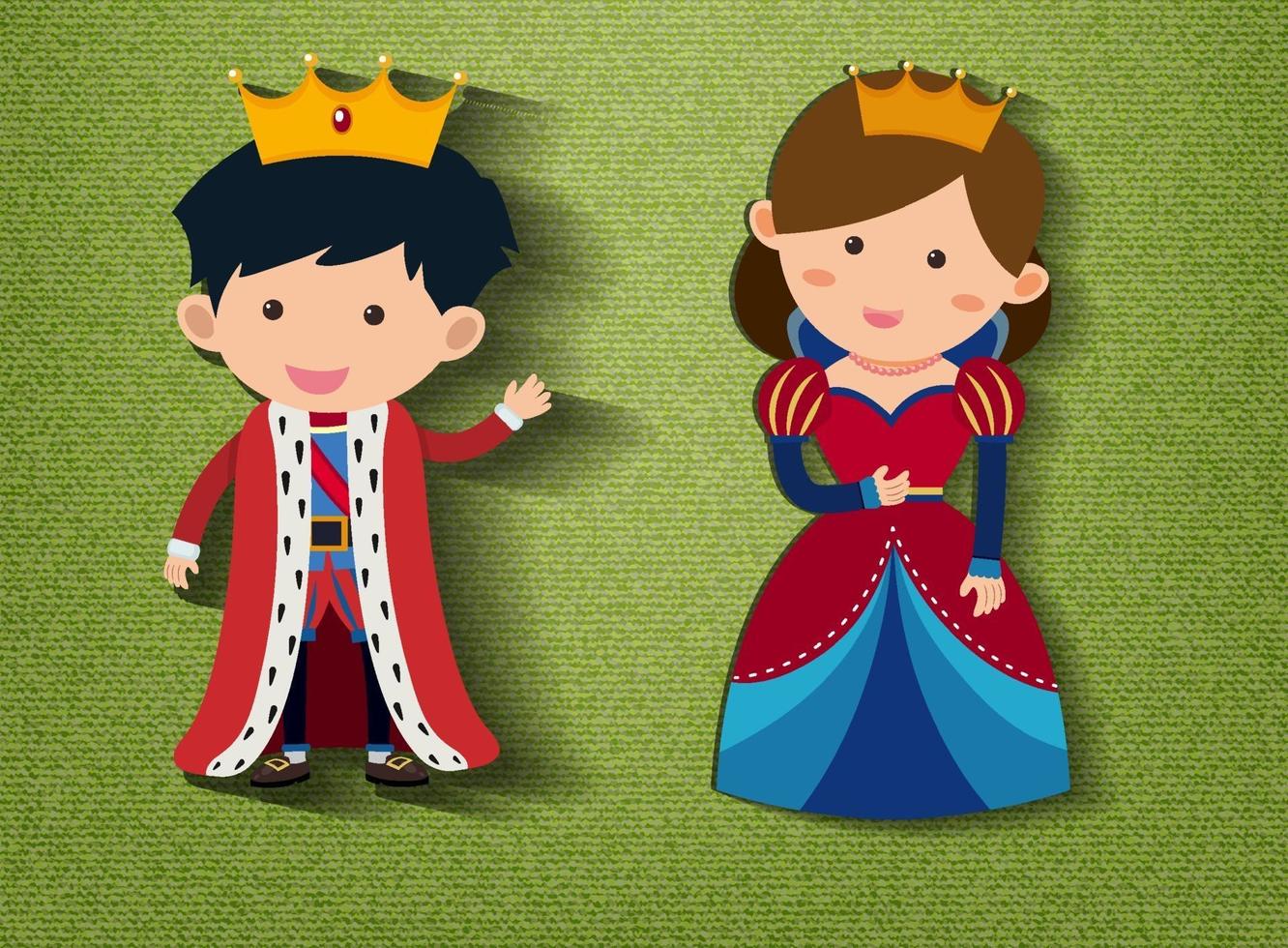 pequeño rey y reina personaje de dibujos animados sobre fondo verde vector