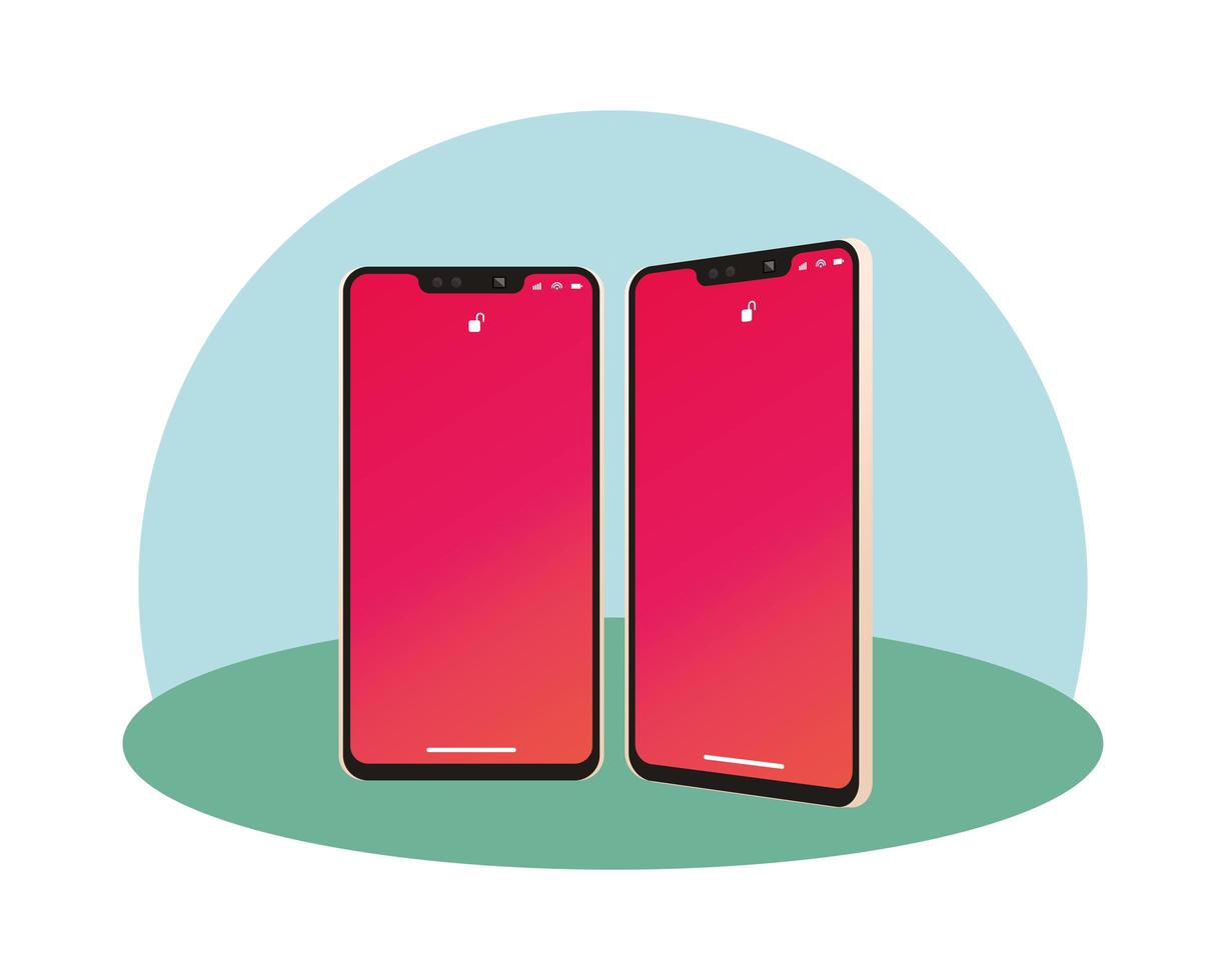 Isolated two 3D smartphones with red wallpaper vector design