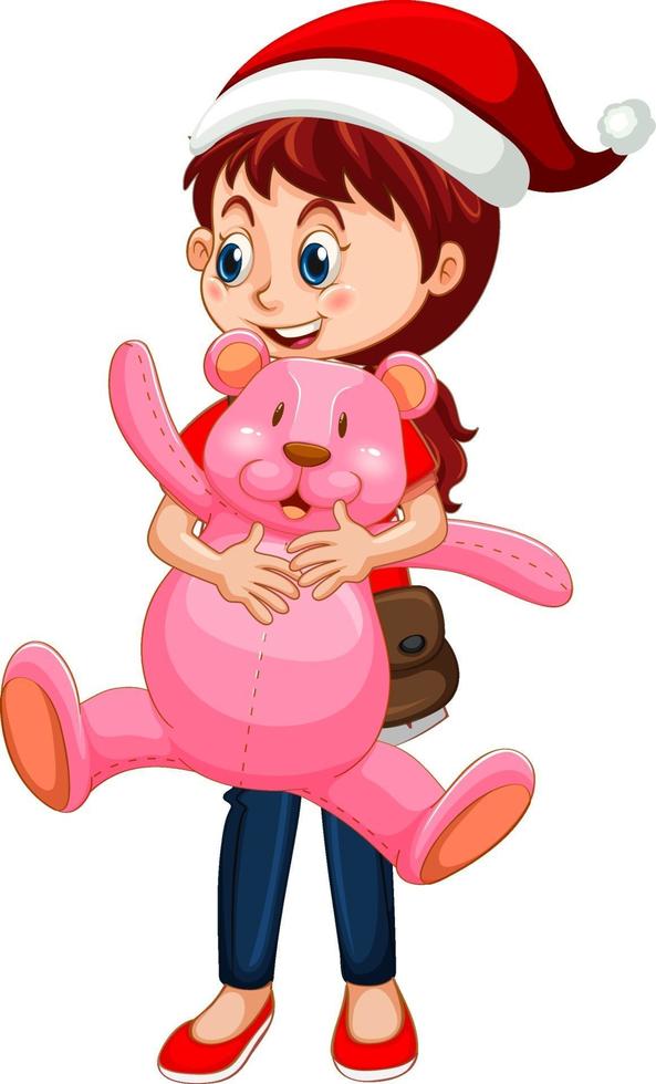 personaje de dibujos animados de niña feliz sosteniendo un osito de peluche vector