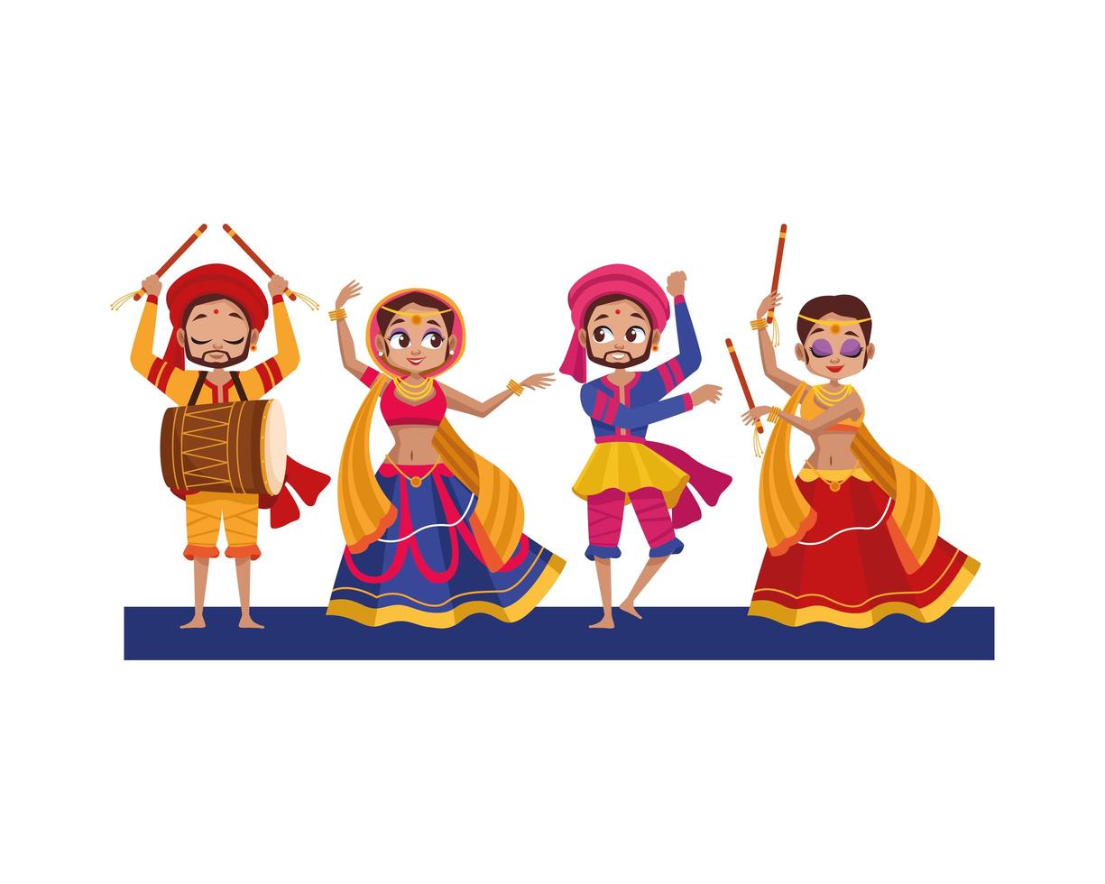 dancing diwali women and men with traditional clothes vector design