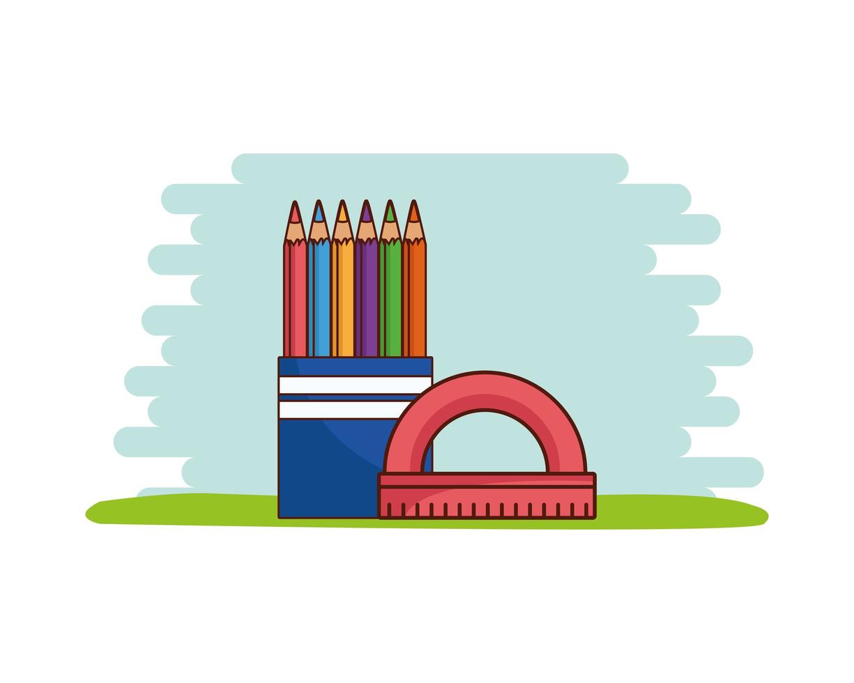 Caja de lápices de colores escolares y diseño vectorial de regla vector