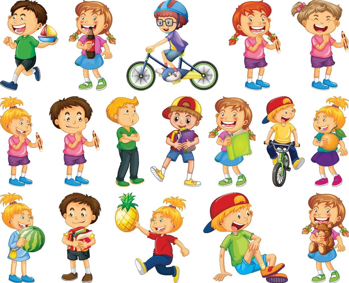 Children doing different activities cartoon character set on white background vector