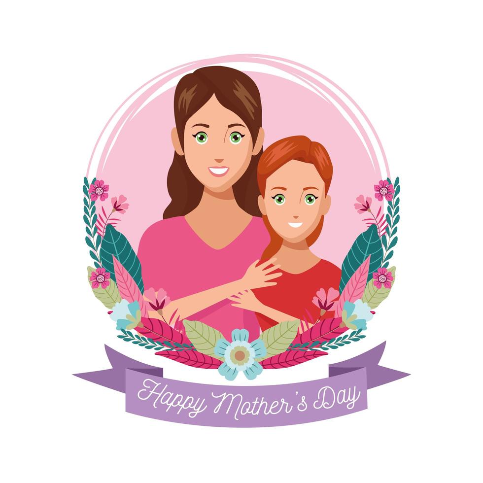 beautiful mother with daughter and floral frame mothers day card vector