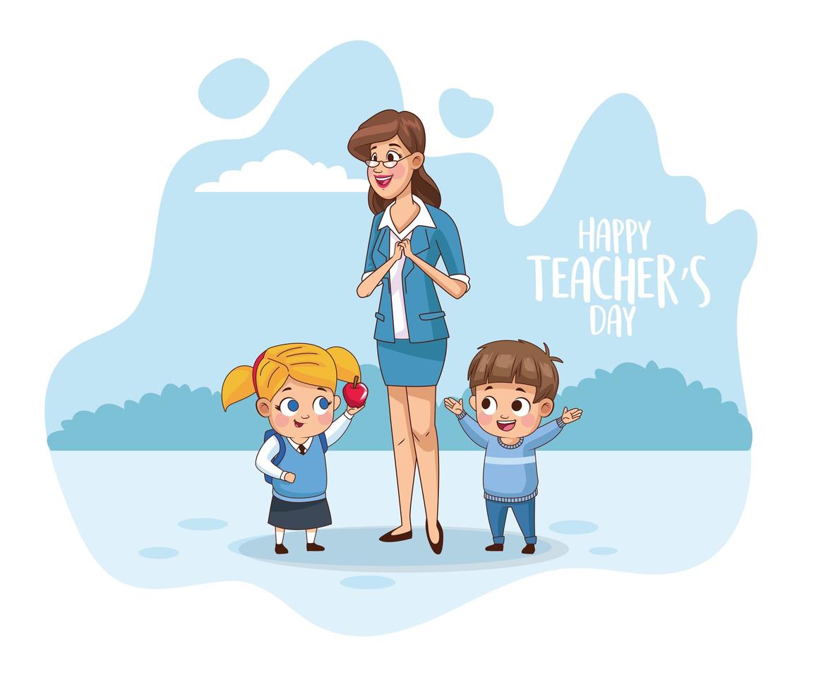 happy teachers day card with teacher and students vector