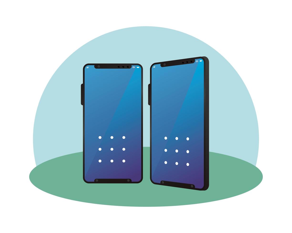 Isolated two 3D smartphones with blue wallpaper vector design