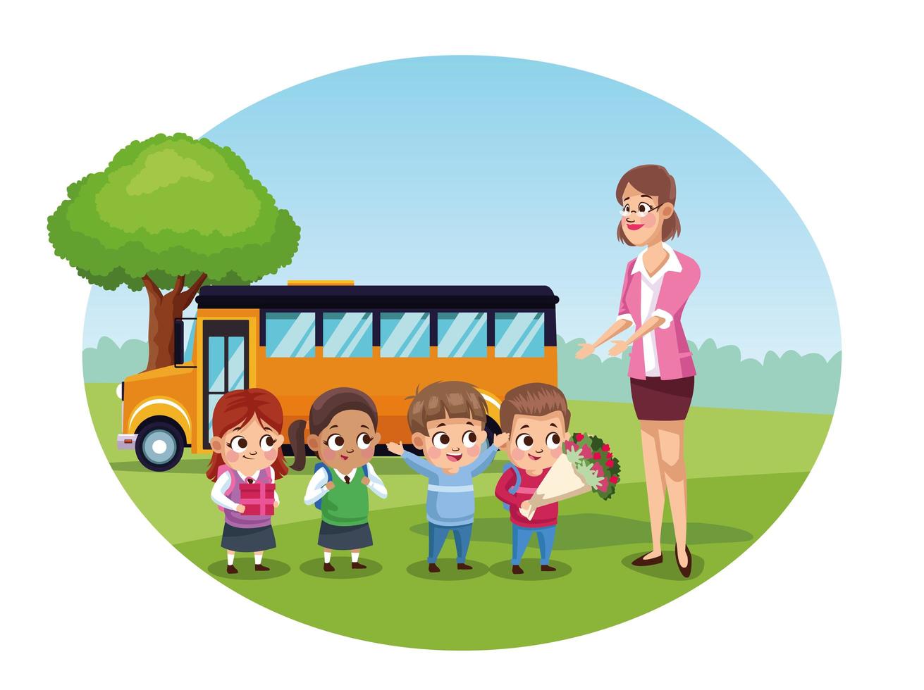 happy teachers day card with teacher and students by bus vector