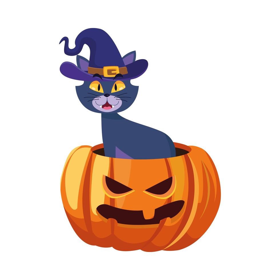 gato de halloween con sombrero en diseño de vector de dibujos animados de calabaza