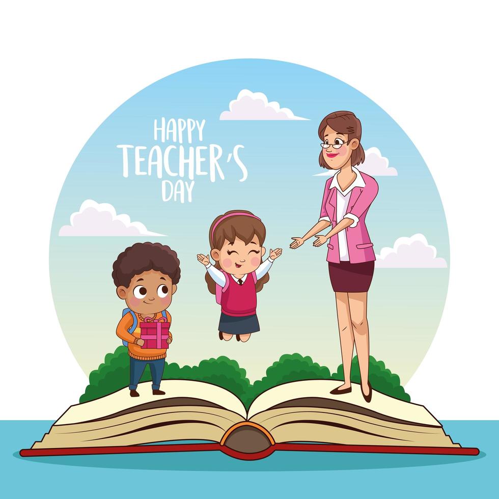 happy teachers day card with teacher and students in book vector