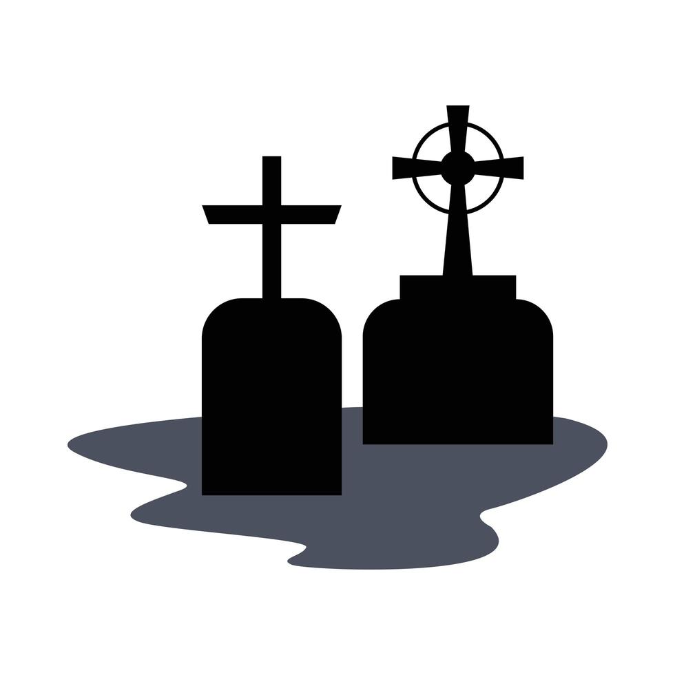 Tumbas con cruces en el diseño del vector del cementerio