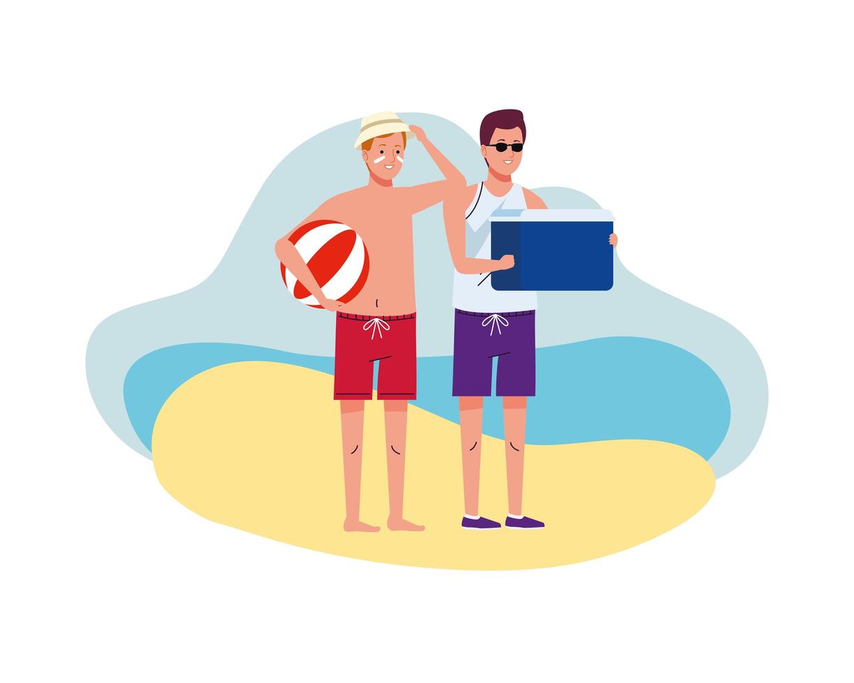 men wearing swimsuits with balloon and fridge box characters vector