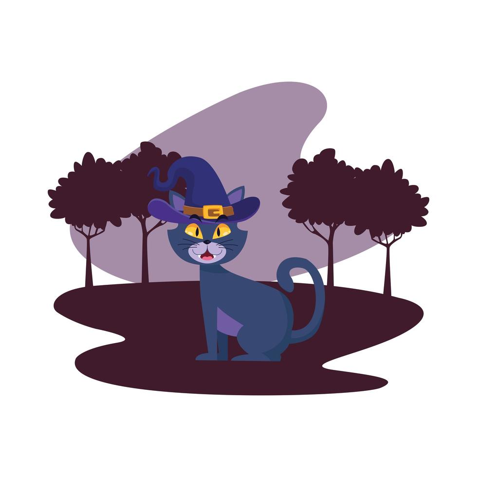 Dibujos animados de gato de Halloween con sombrero en el diseño del vector del parque