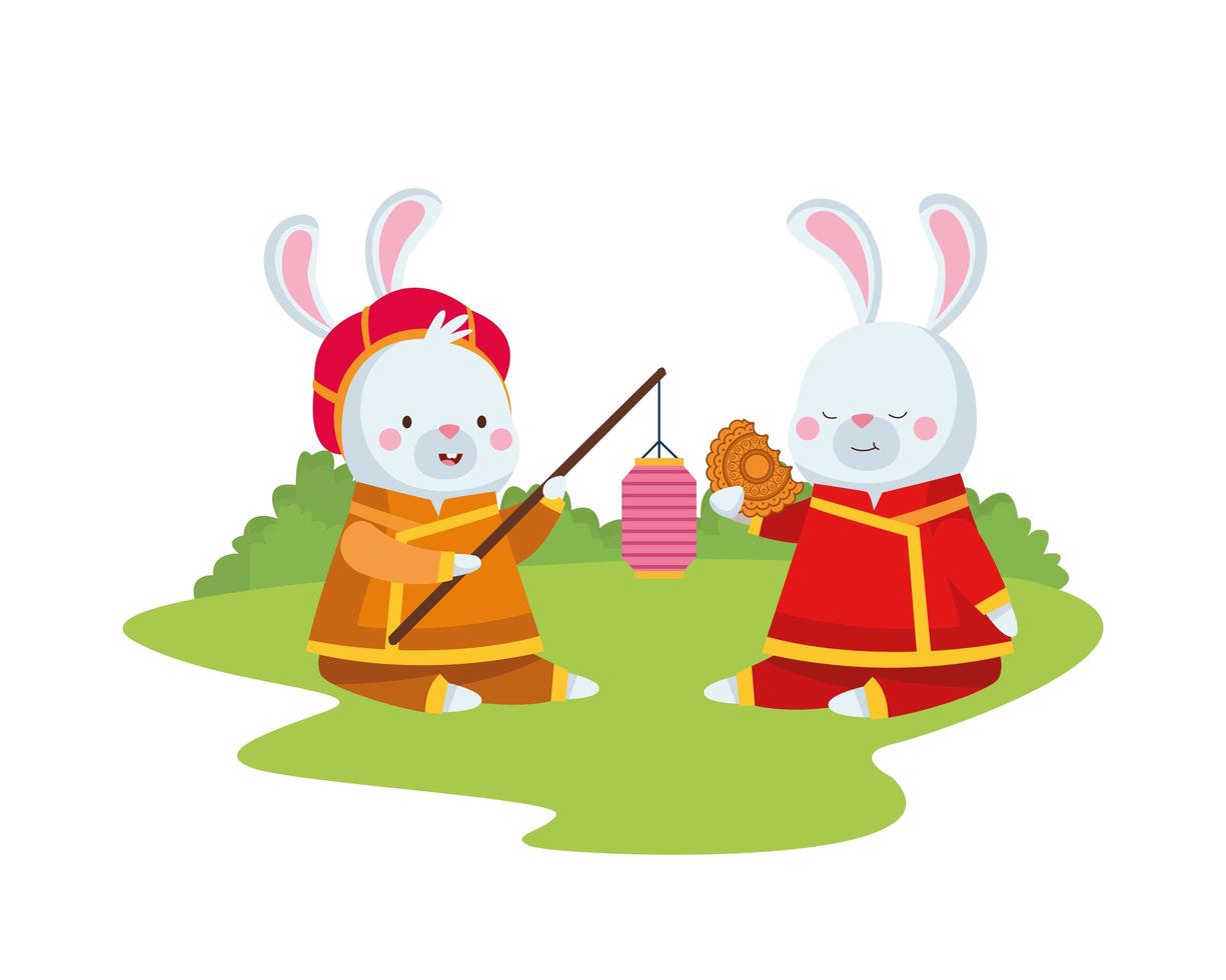 Dibujos animados de conejos con ropa tradicional, diseño de vector de linterna y mooncake