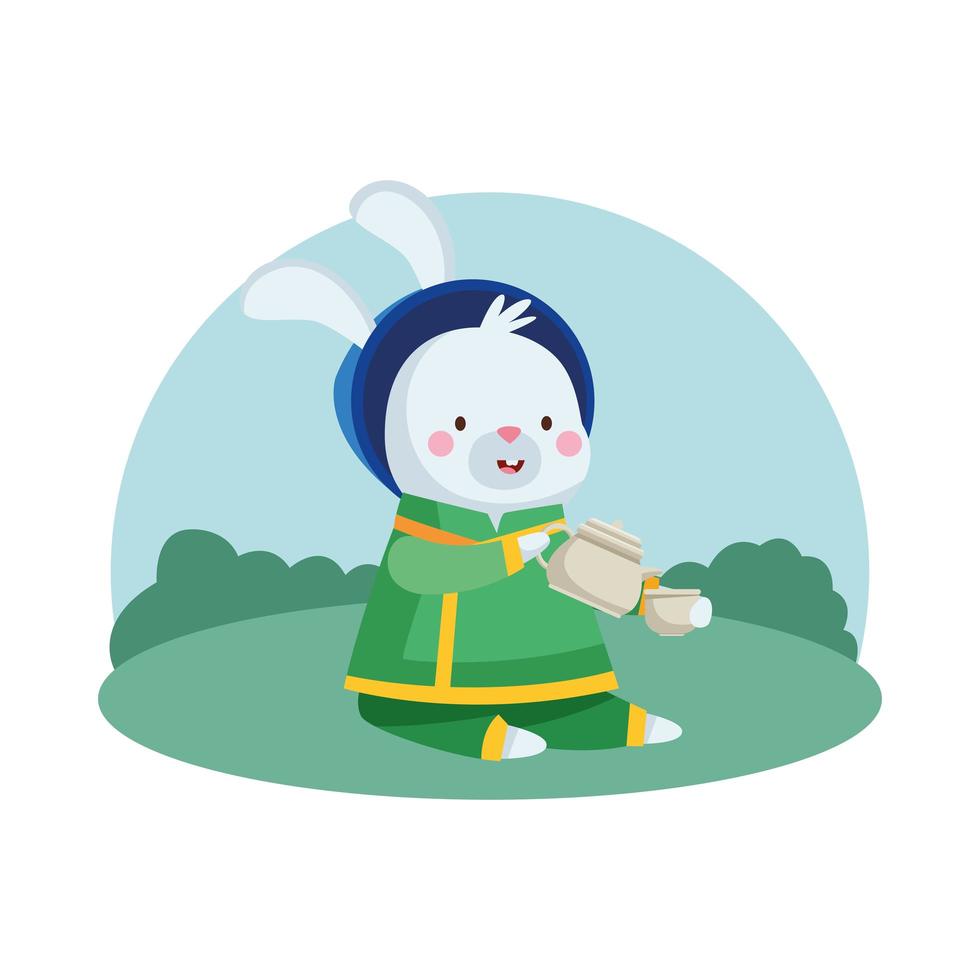 rabbit cartoon with traditional clothes, teapot and cup vector design