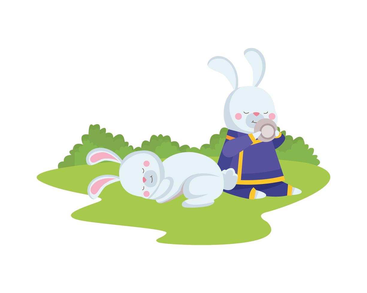 rabbits cartoons with traditional clothes and teacup vector design