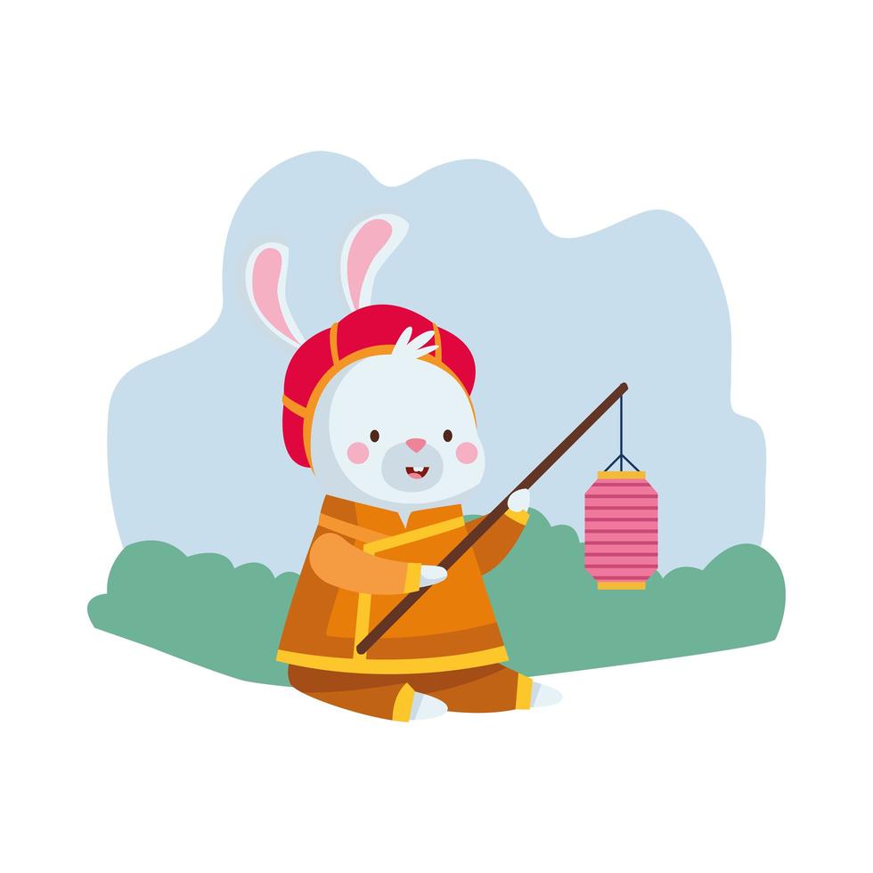 rabbit cartoon with traditional clothes and lantern vector design