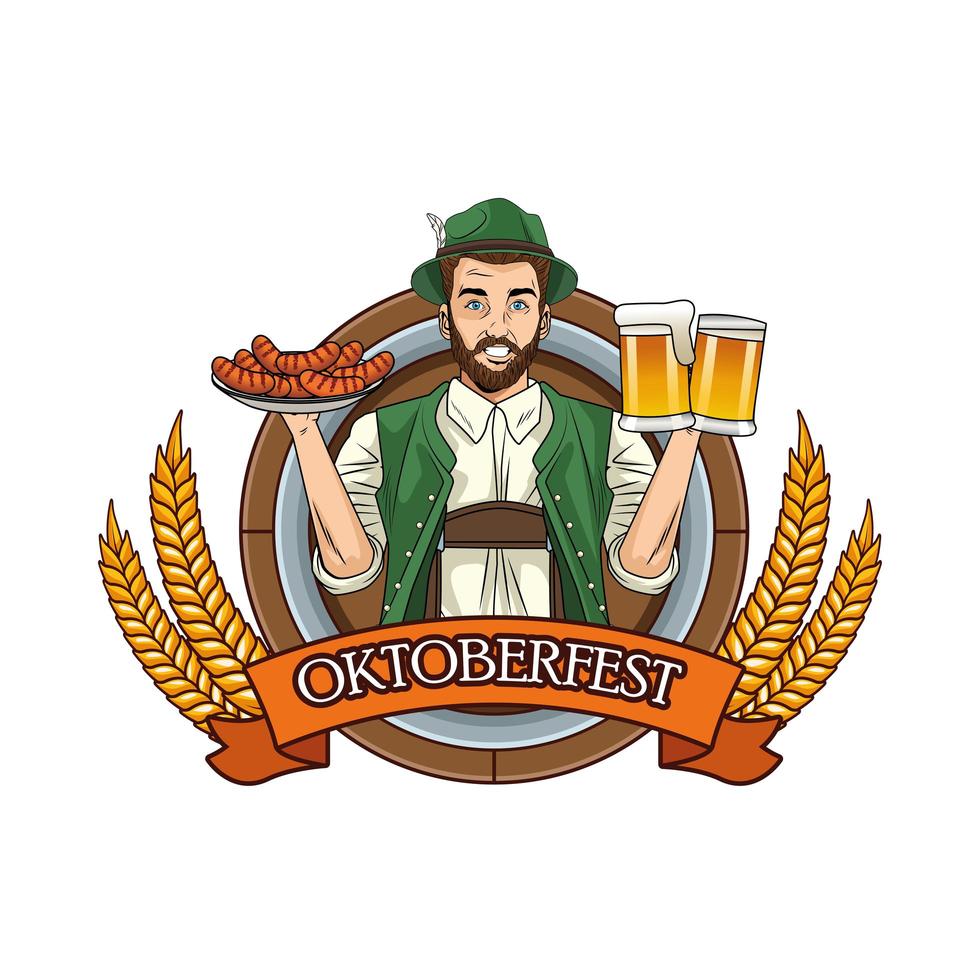German man wearing Tyrolean suit with sausages and beers vector