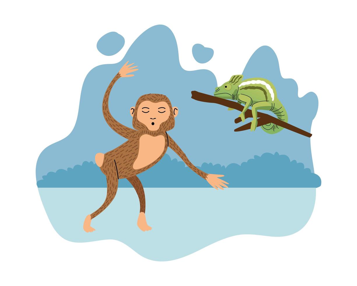 camaleón salvaje y mono icono natural vector
