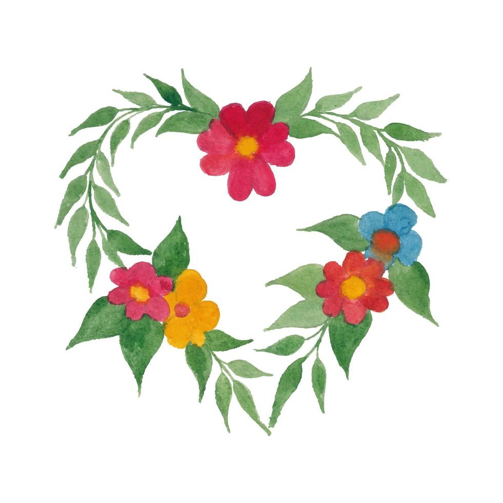 Vector Watercolor Heart Shape Flowers and Leaves