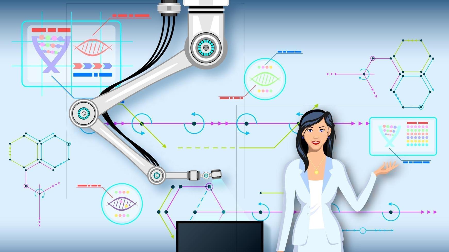 mujer y robot manipulador de fondo varios diagramas vector