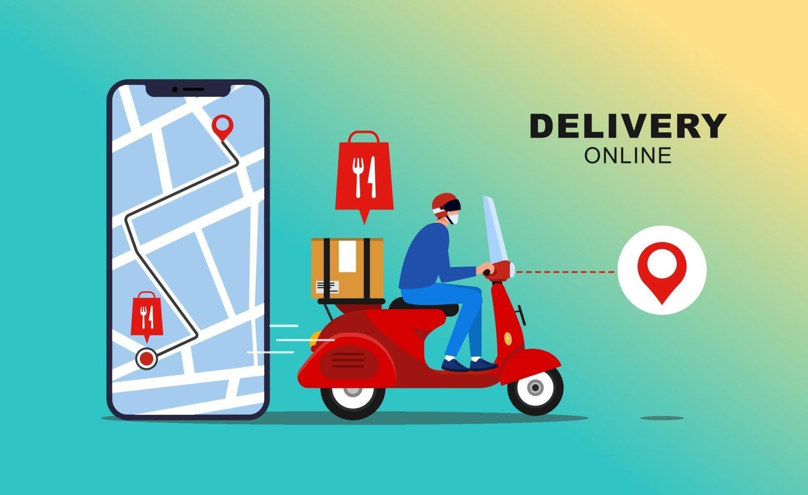 Online Delivery with Mobile Application. Fast delivery package by courier on mobile phone. Tracking courier food by map application. vector