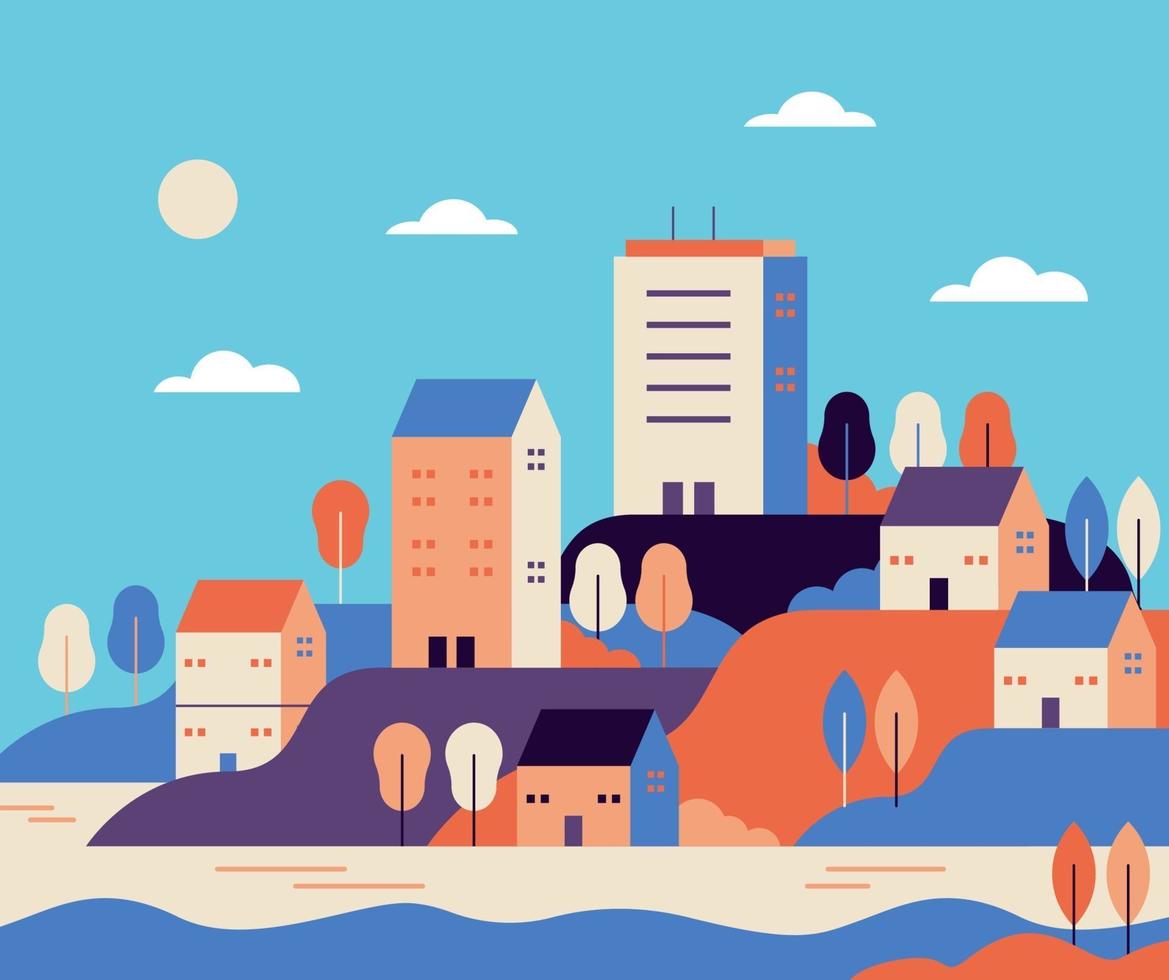 Vector Simple Minimal Geometric Flat Style Landscape City Illustration