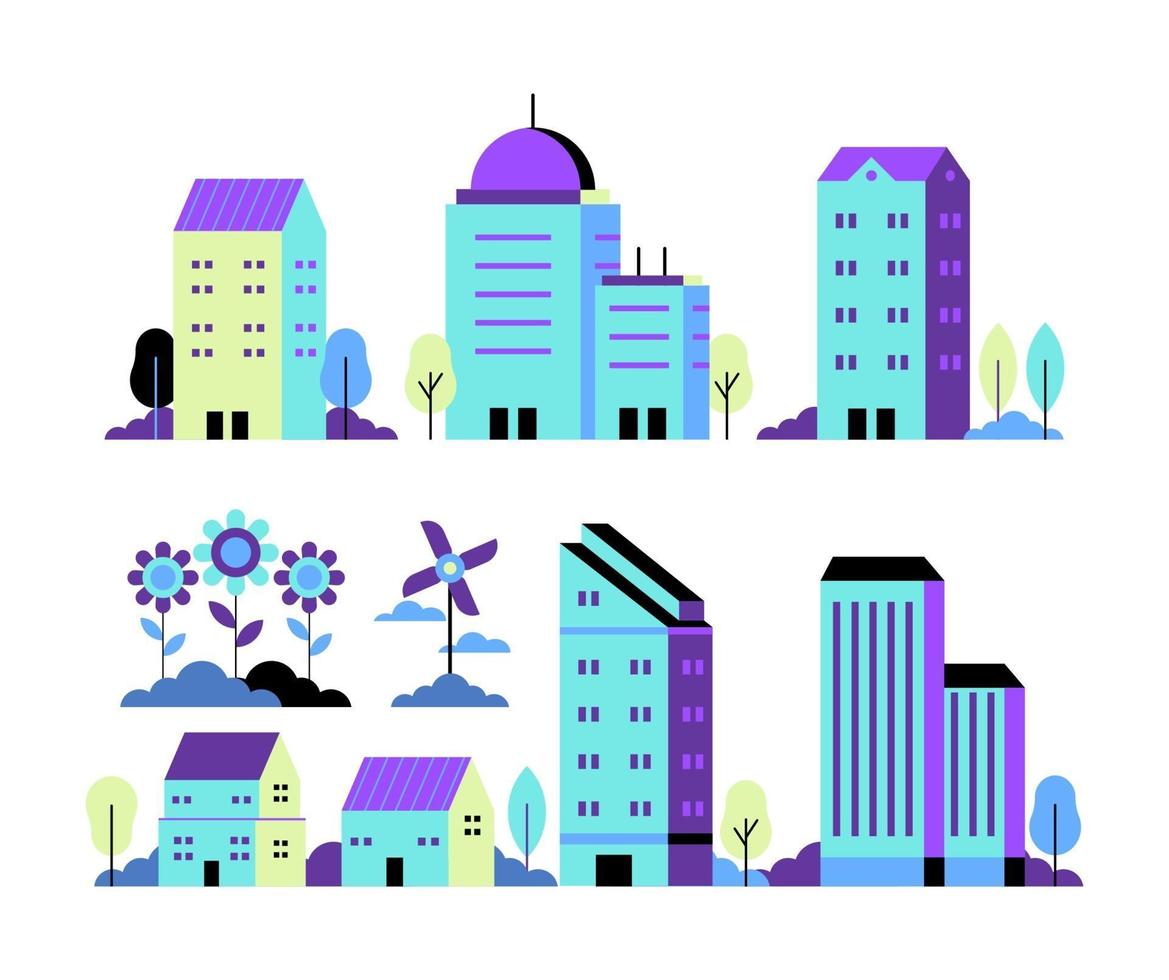 vector conjunto de ilustración de la ciudad de neón en estilo plano geométrico mínimo simple