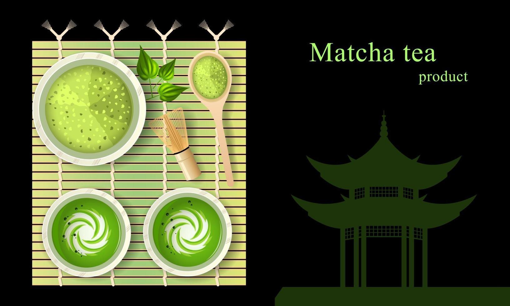 Latte de té verde matcha con leche en tazas sobre estera de bambú vector