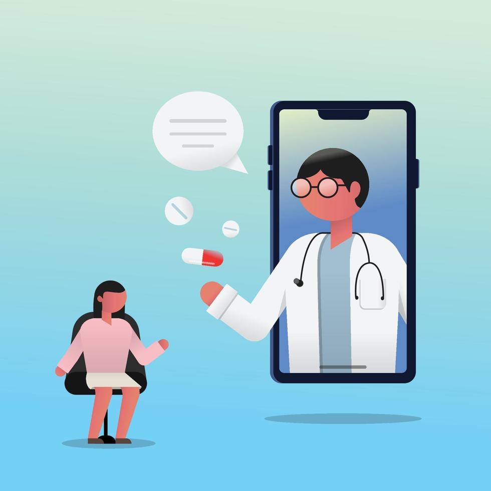 Consultation of Woman Patient with doctor via smartphone. vector