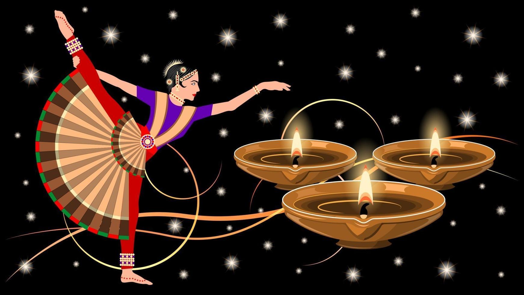 mujer india, en, traje nacional, baile, y, arcilla, diya, lámparas vector